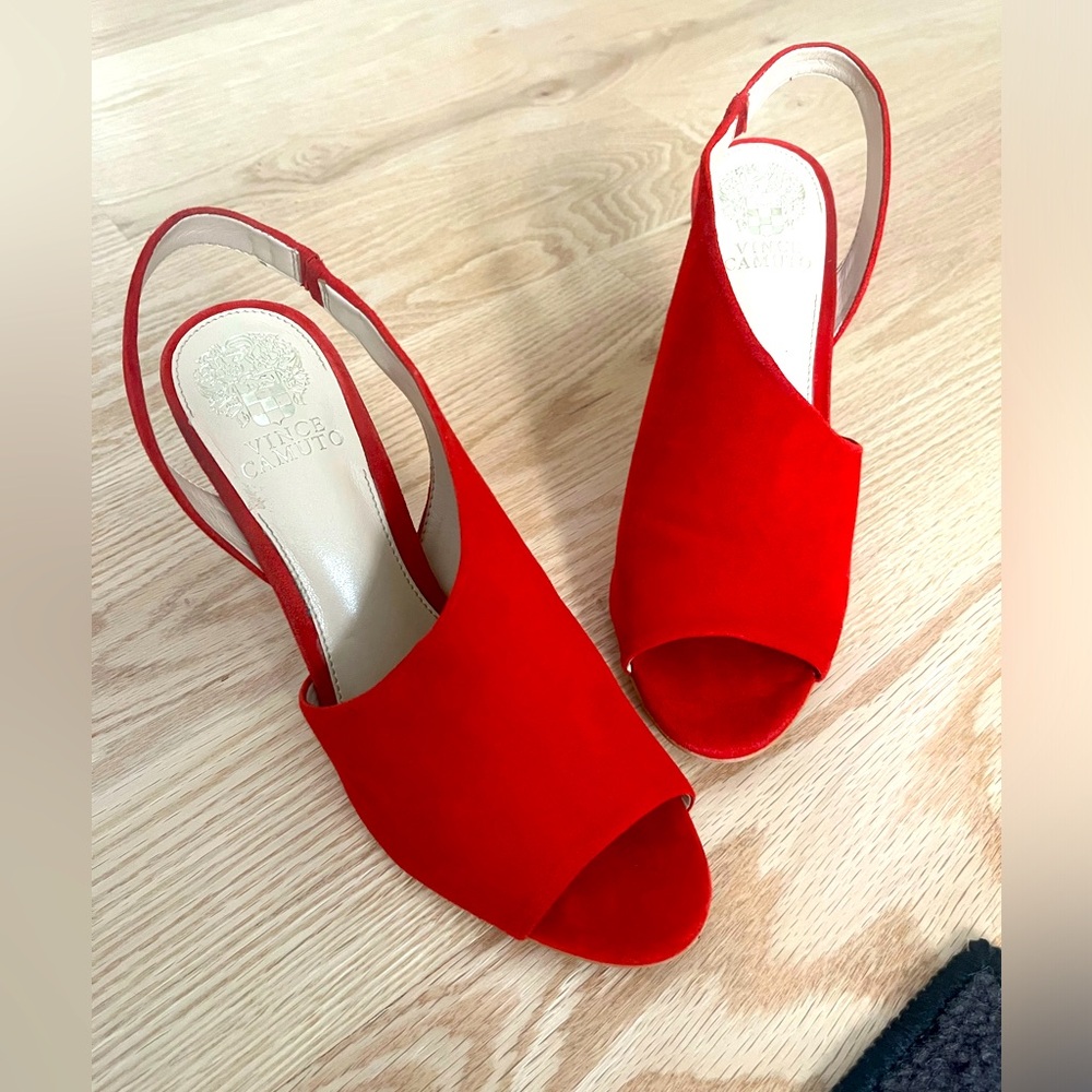 Vince Camuto Red Suede Peep-Toe Slingback Heels - Picture 2 of 6